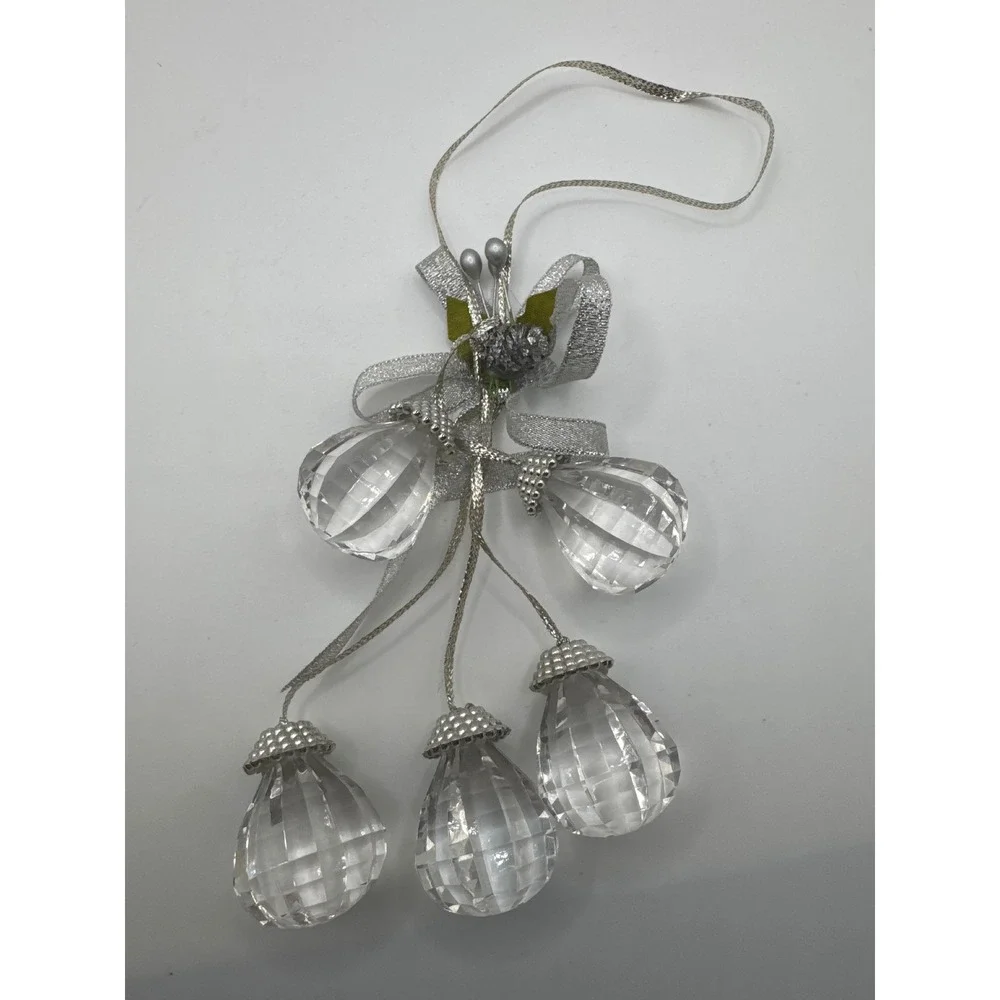 Silver Metallic Ribbon Clear Faceted Acrylic Teardrop Cluster Holiday Ornament